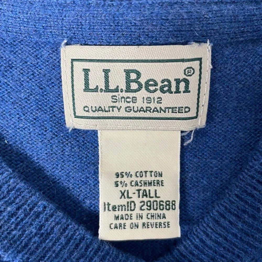 LL Bean Sweater Mens XL Tall Blue Cotton Cashmere V Neck Casual Quiet Luxury